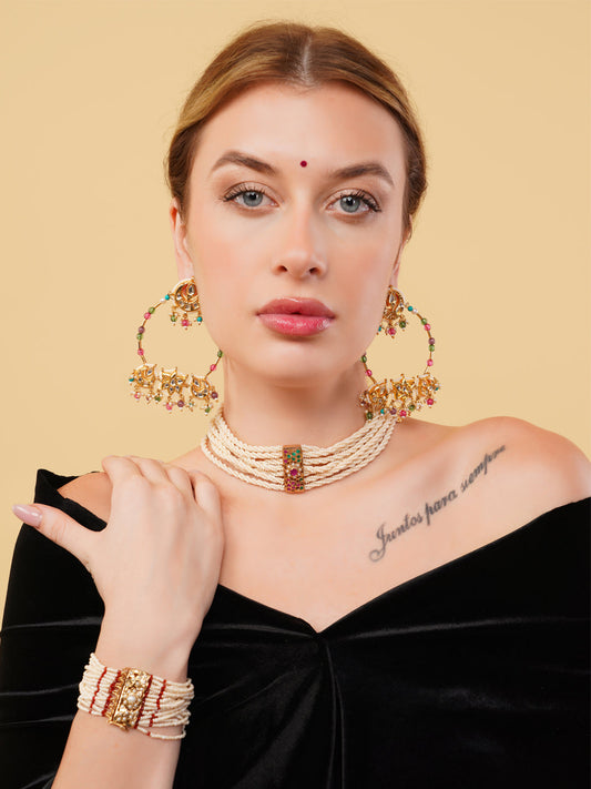 Red and Green Jadau Choker with twisted pearls linesand adjustable handmade dori from Dugristyle Ruhaniyat By Dugran