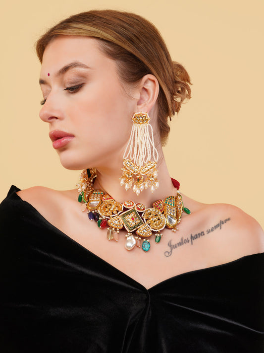 Red and Green kundan shaped Bird choker, with multishape tikras ans handmade dori from Dugristyle Ruhaniyat By Dugran