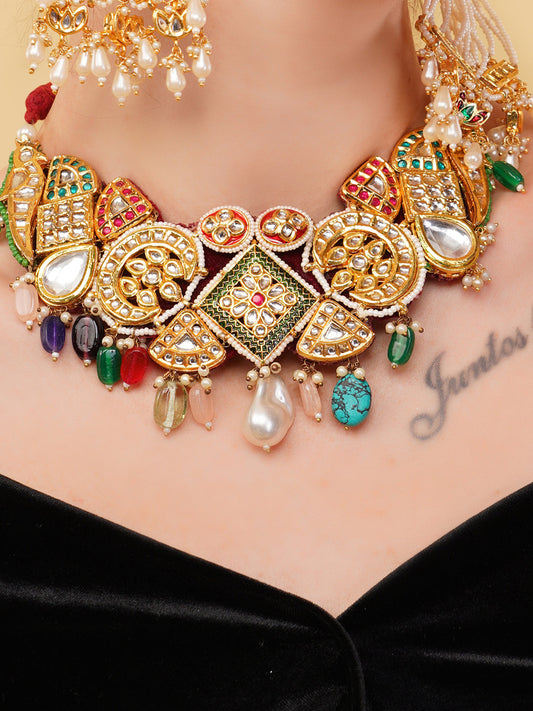 Red and Green kundan shaped Bird choker, with multishape tikras ans handmade dori from Dugristyle Ruhaniyat By Dugran