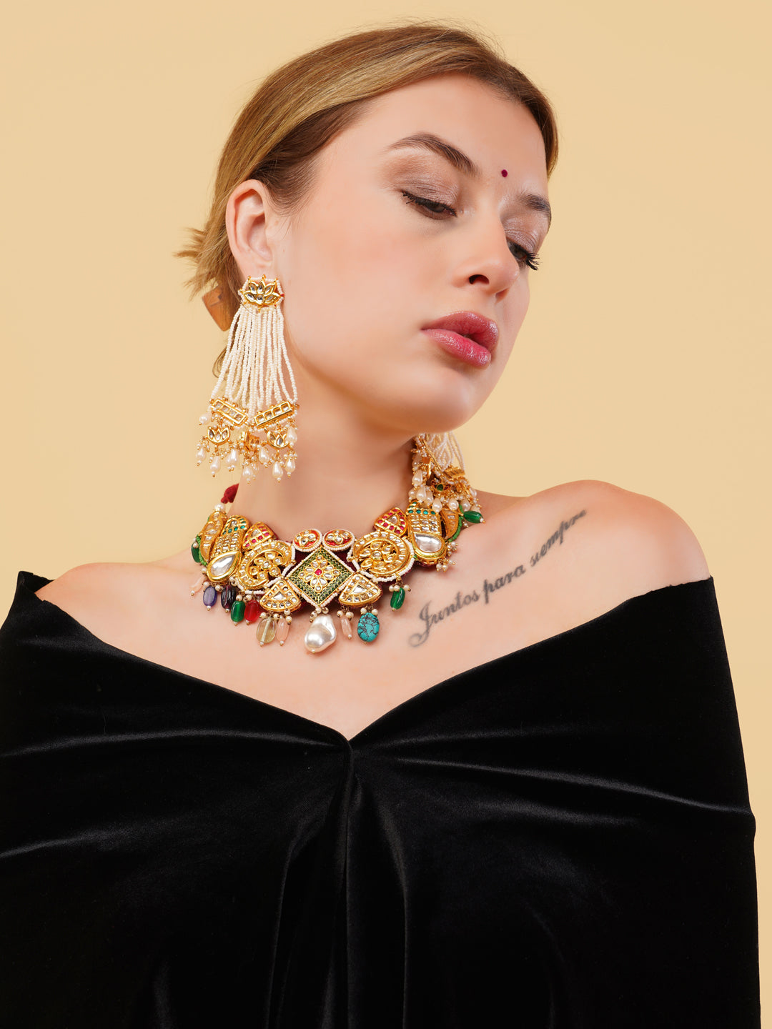 Red and Green kundan shaped Bird choker, with multishape tikras ans handmade dori from Dugristyle Ruhaniyat By Dugran