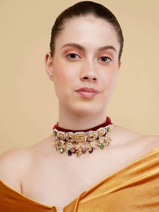 Red and Green Kundan Choker with multishape tikras handwoven togather with hangings from Dugristyle Ruhaniyat By Dugran