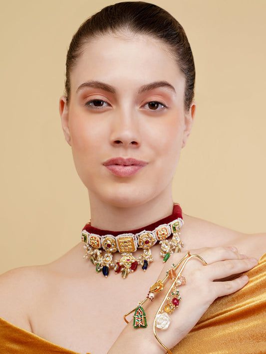 Red and Green Kundan Choker with multishape tikras handwoven togather with hangings from Dugristyle Ruhaniyat By Dugran
