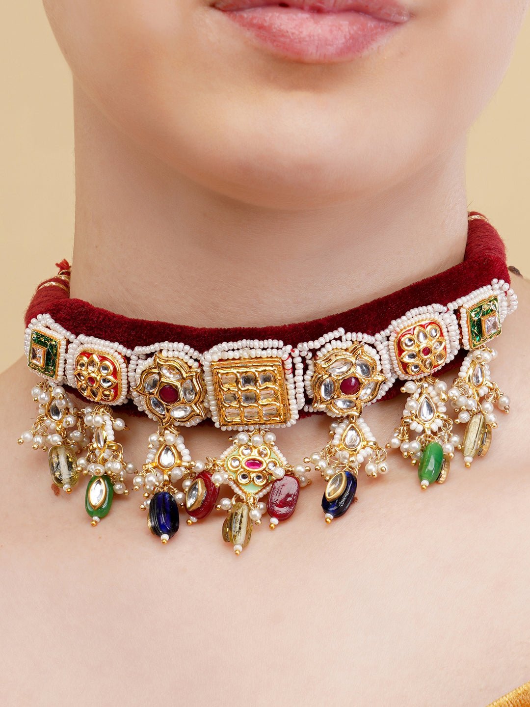 Red and Green Kundan Choker with multishape tikras handwoven togather with hangings from Dugristyle Ruhaniyat By Dugran