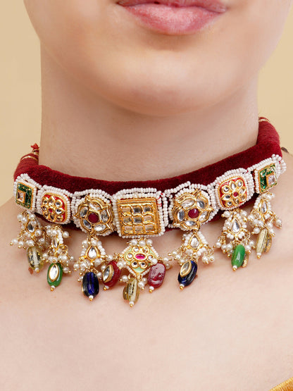 Red and Green Kundan Choker with multishape tikras handwoven togather with hangings from Dugristyle Ruhaniyat By Dugran