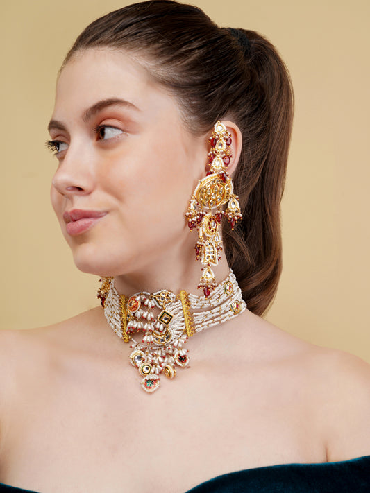 Masterpiece kundan and pearl amalgmation Choker with adjustable chain