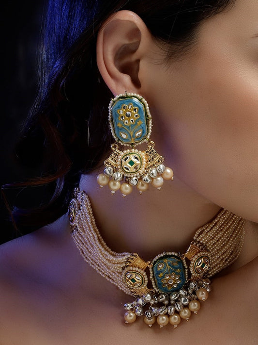 Blue and Cream Meenakari Jewellery Set with Pearls String and Adjustable Dori and silver Ghungroo from Dugristyle Ruhaniyat By Dugran