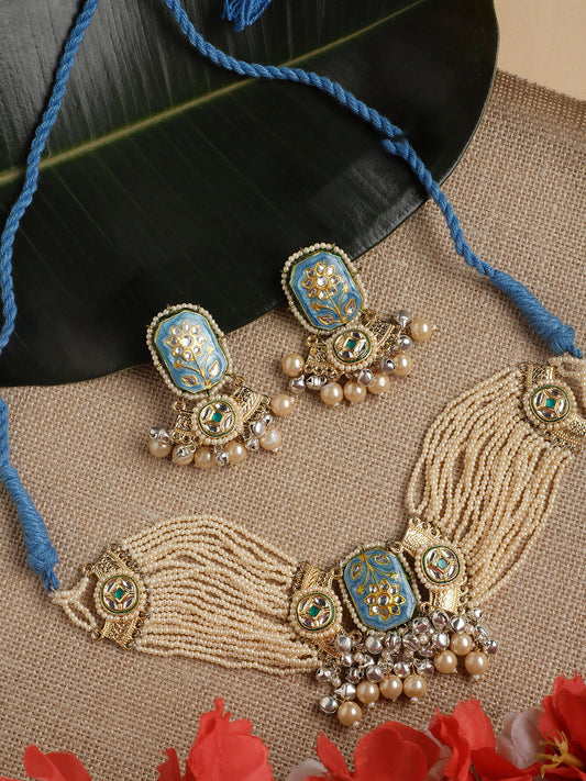 Blue and Cream Meenakari Jewellery Set with Pearls String and Adjustable Dori and silver Ghungroo from Dugristyle Ruhaniyat By Dugran