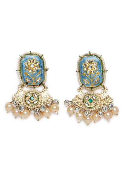 Blue and Cream Meenakari Jewellery Set with Pearls String and Adjustable Dori and silver Ghungroo from Dugristyle Ruhaniyat By Dugran
