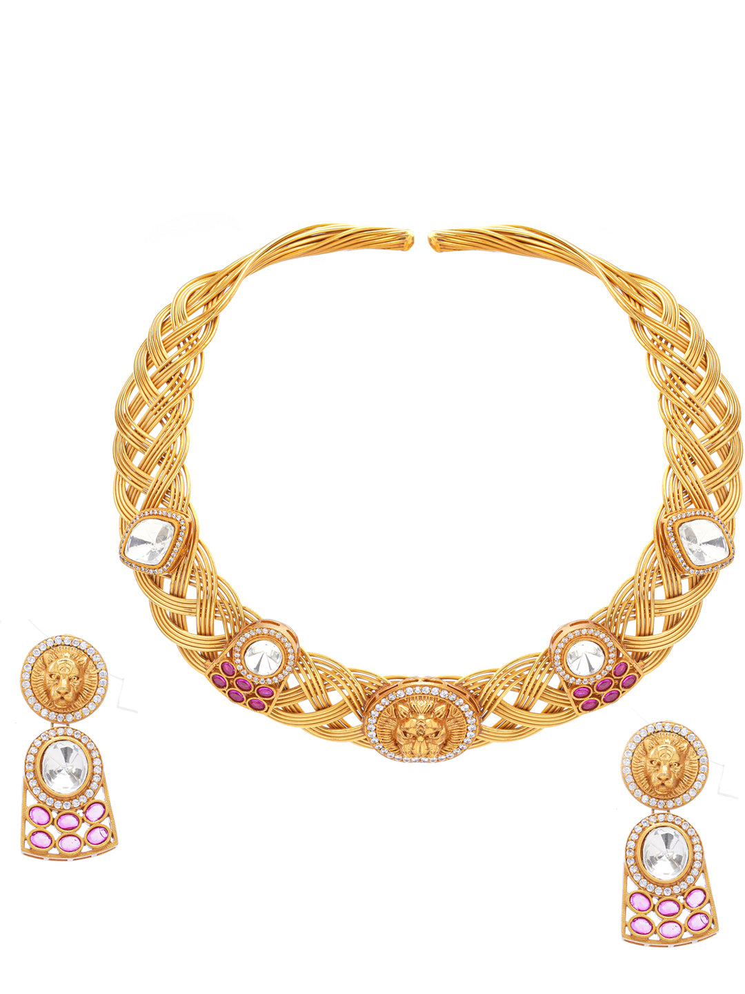 Tiger shape inspired choker with earrings having moissanite stones