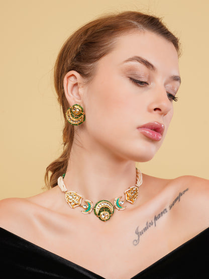 Kundan with Multi Shaped tikras Jewellery Set with adjustable dori