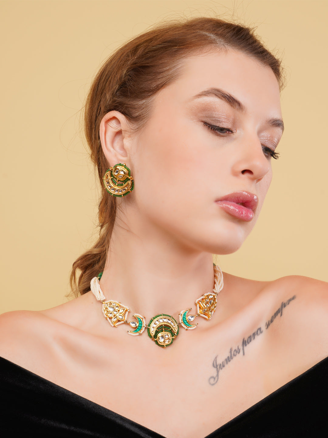 Green and Gold Kundan with Multi Shaped tikras Jewellery Set with adjustable dori from Dugristyle Ruhaniyat By Dugran
