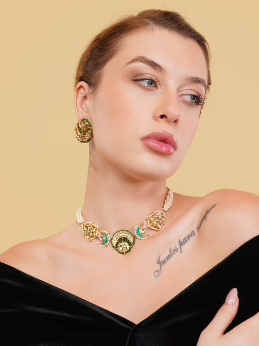 Kundan with Multi Shaped tikras Jewellery Set with adjustable dori