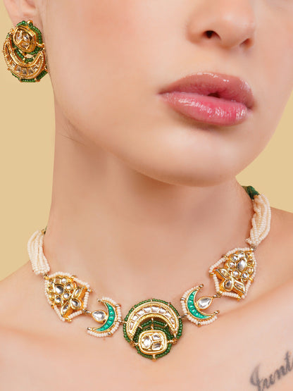 Green and Gold Kundan with Multi Shaped tikras Jewellery Set with adjustable dori from Dugristyle Ruhaniyat By Dugran