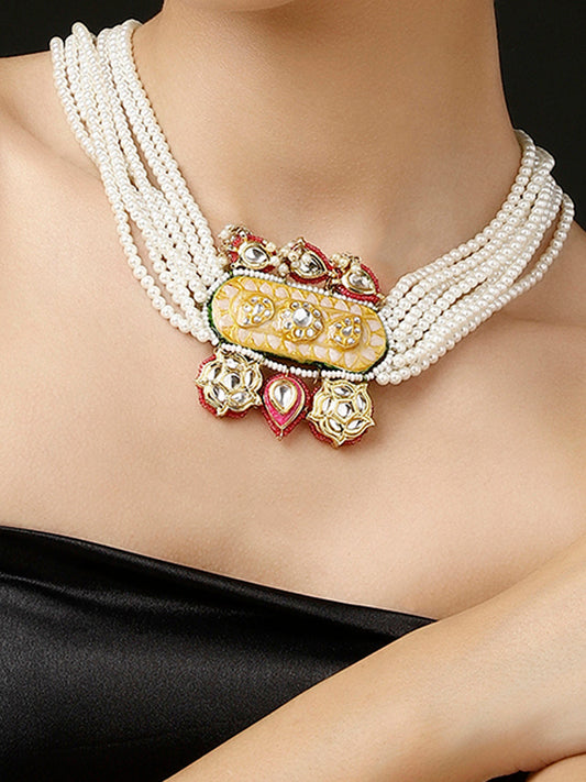Peach and Pink Meenakari Necklace with Adjustable Dori and Multi Color Pearl Hangings from Dugristyle Ruhaniyat By Dugran