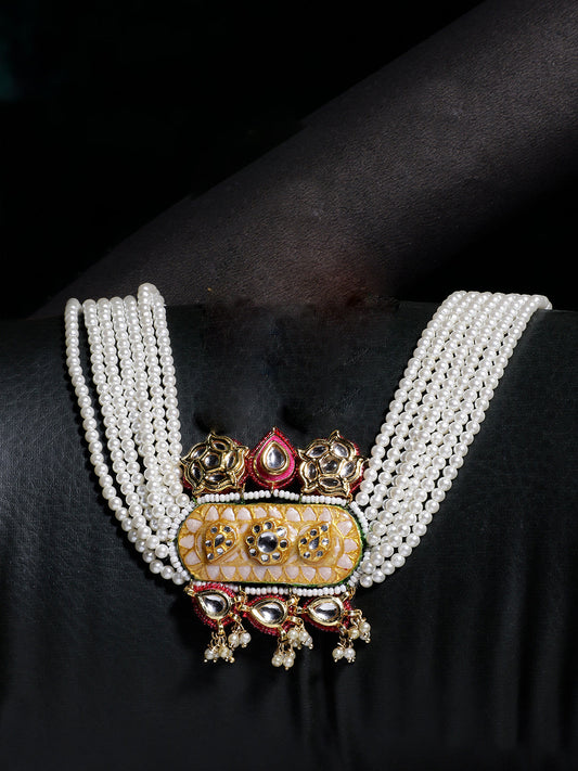 Peach and Pink Meenakari Necklace with Adjustable Dori and Multi Color Pearl Hangings from Dugristyle Ruhaniyat By Dugran