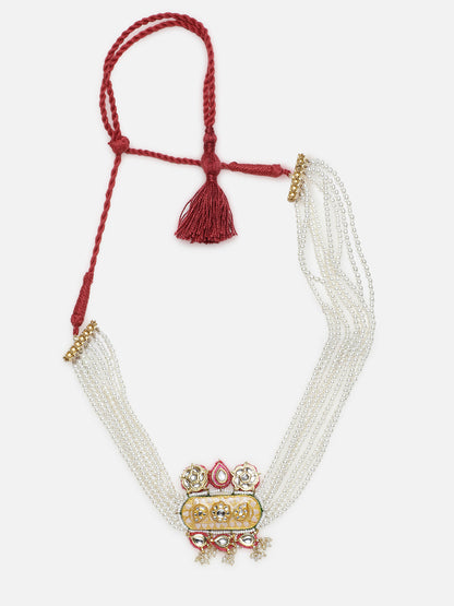Peach and Pink Meenakari Necklace with Adjustable Dori and Multi Color Pearl Hangings from Dugristyle Ruhaniyat By Dugran