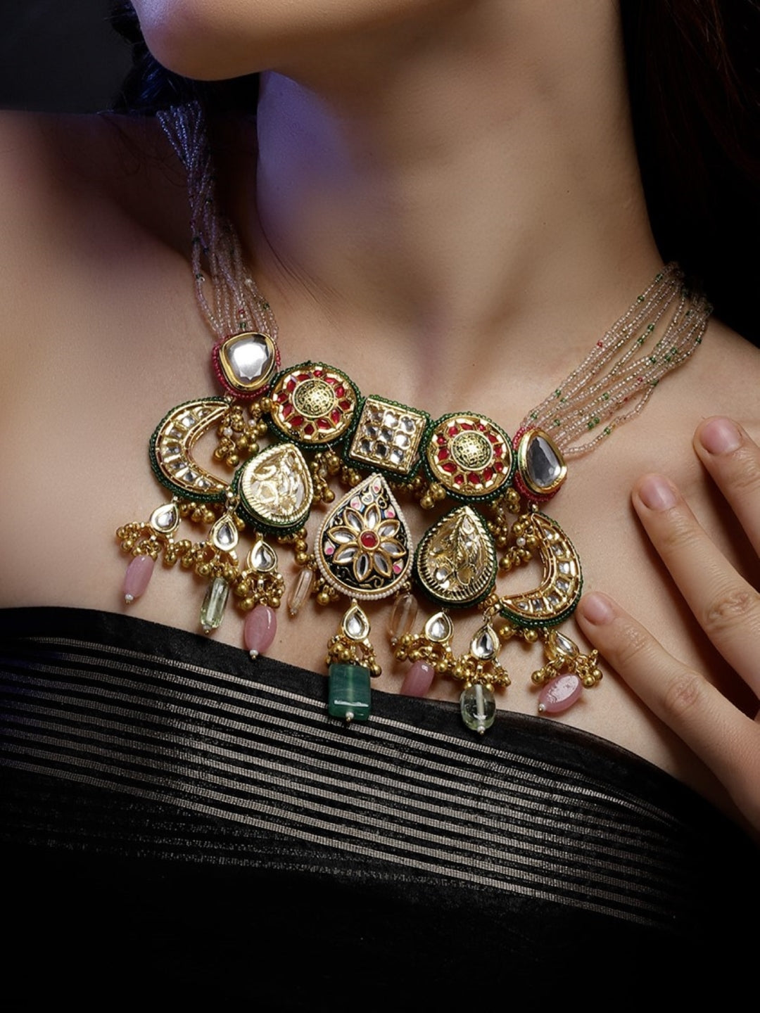 Green and Gold Multi shaped Kundan Necklace with meenakari touch and colorful hangings from Dugristyle Ruhaniyat By Dugran