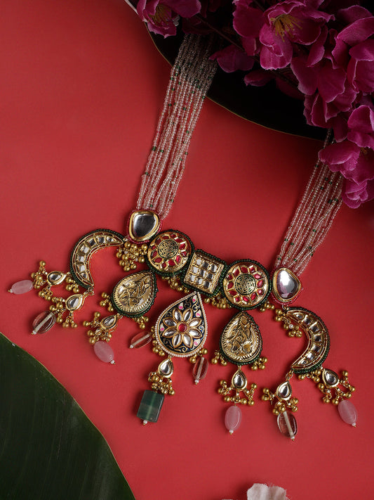 Green and Gold Multi shaped Kundan Necklace with meenakari touch and colorful hangings from Dugristyle Ruhaniyat By Dugran