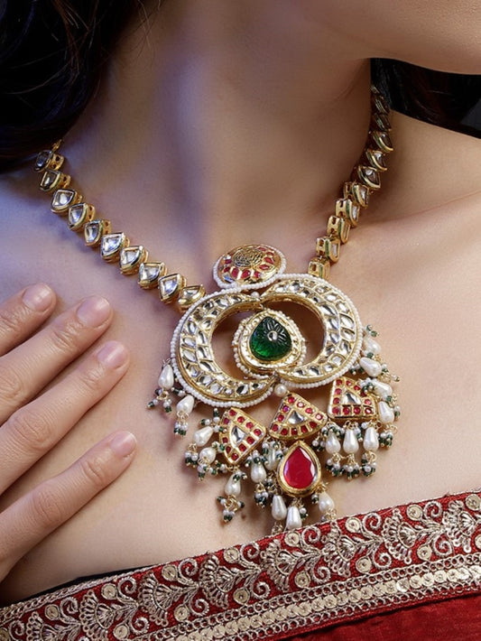Red and Green Multi shaped Kundan Necklace with Green Carved Stone and small Pearl hangings from Dugristyle Ruhaniyat By Dugran