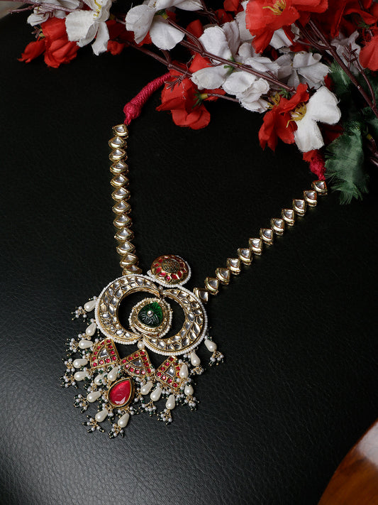 Red and Green Multi shaped Kundan Necklace with Green Carved Stone and small Pearl hangings from Dugristyle Ruhaniyat By Dugran