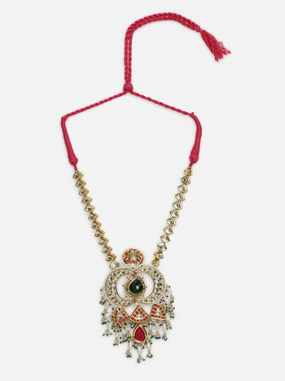 Red and Green Multi shaped Kundan Necklace with Green Carved Stone and small Pearl hangings from Dugristyle Ruhaniyat By Dugran