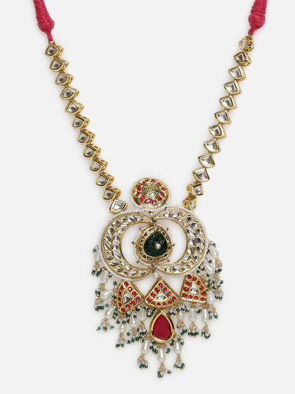 Red and Green Multi shaped Kundan Necklace with Green Carved Stone and small Pearl hangings from Dugristyle Ruhaniyat By Dugran