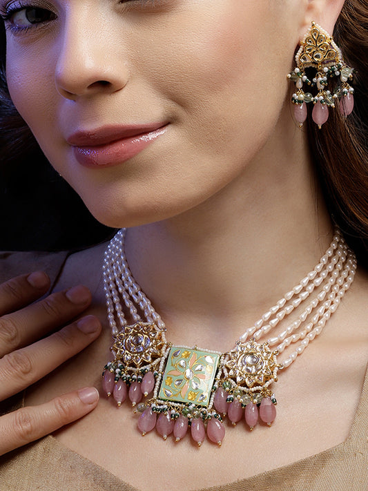 Green and Red Meenakari Necklace with Pearls String and Adjustable Dori and Circle Shaped Kundan  from Dugristyle Ruhaniyat By Dugran