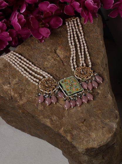 Green and Red Meenakari Necklace with Pearls String and Adjustable Dori and Circle Shaped Kundan  from Dugristyle Ruhaniyat By Dugran