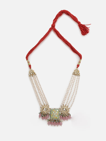 Green and Red Meenakari Necklace with Pearls String and Adjustable Dori and Circle Shaped Kundan  from Dugristyle Ruhaniyat By Dugran