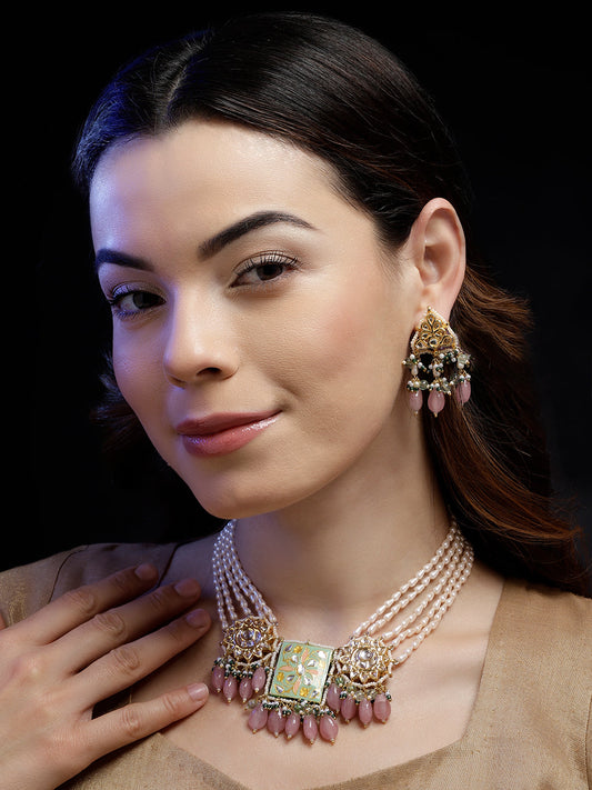 Green and Red Meenakari Necklace with Pearls String and Adjustable Dori and Circle Shaped Kundan  from Dugristyle Ruhaniyat By Dugran