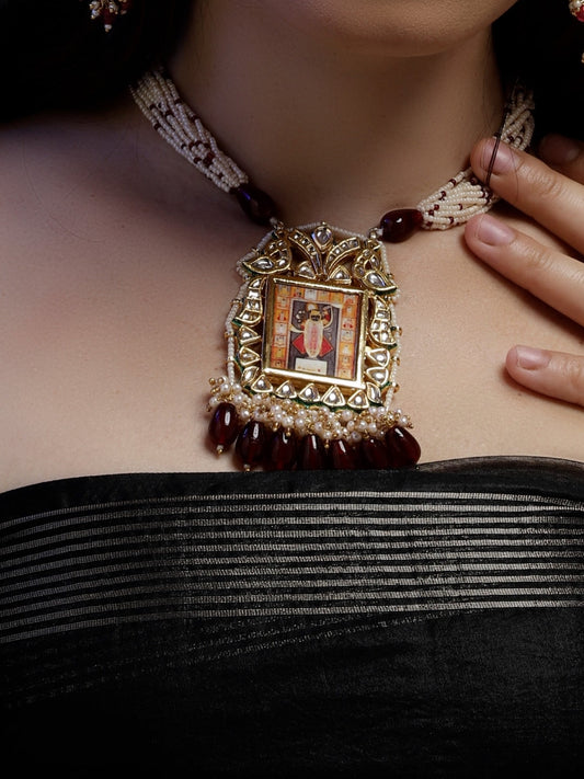 Red and Gold Temple Jewellery Haar Necklace with Pearl Strings and Adjustable Dori from Dugristyle Ruhaniyat By Dugran