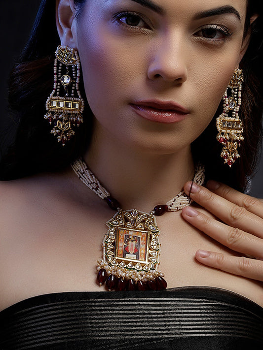 Red and Gold Temple Jewellery Haar Necklace with Pearl Strings and Adjustable Dori from Dugristyle Ruhaniyat By Dugran