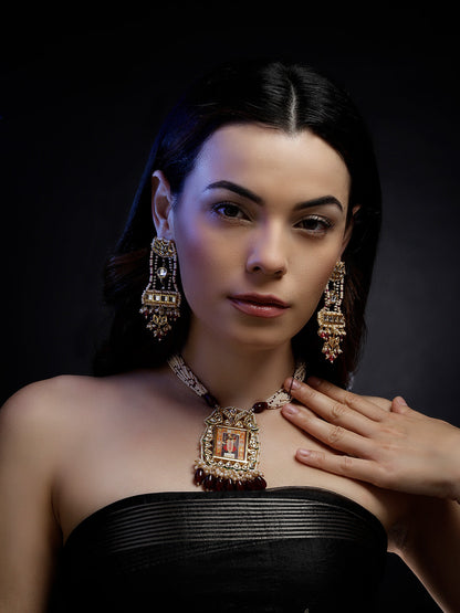 Red and Gold Temple Jewellery Haar Necklace with Pearl Strings and Adjustable Dori from Dugristyle Ruhaniyat By Dugran