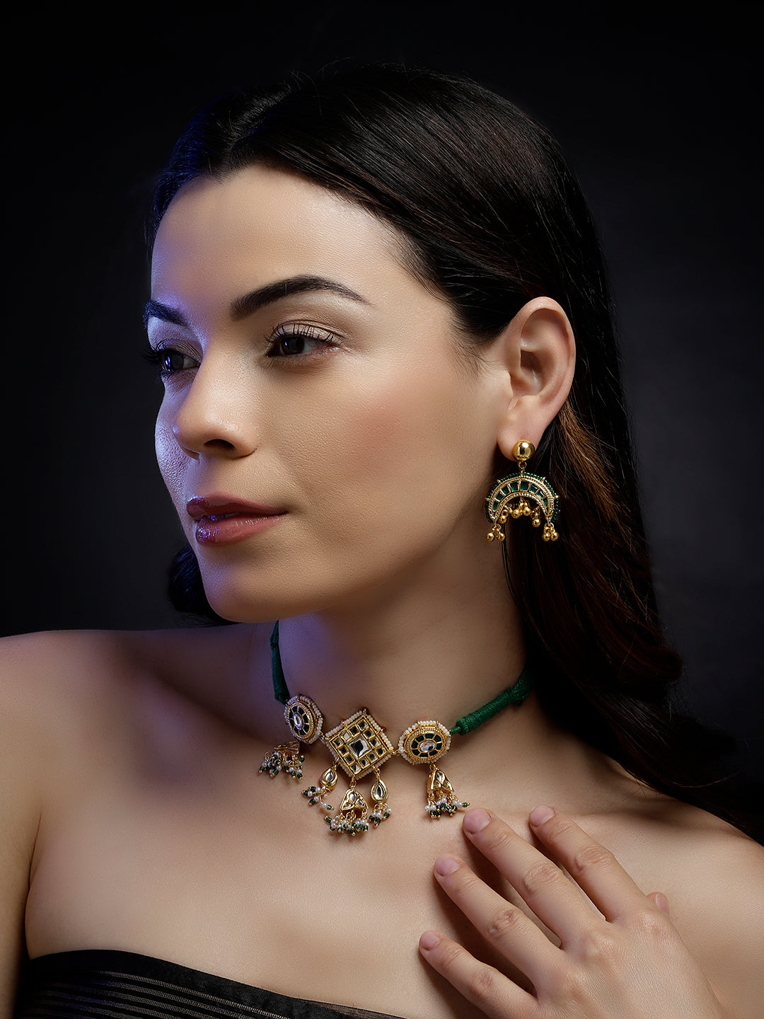 Green and Gold Multi Colored Kundan Necklace with Multi shaped hangings from Dugristyle Ruhaniyat By Dugran