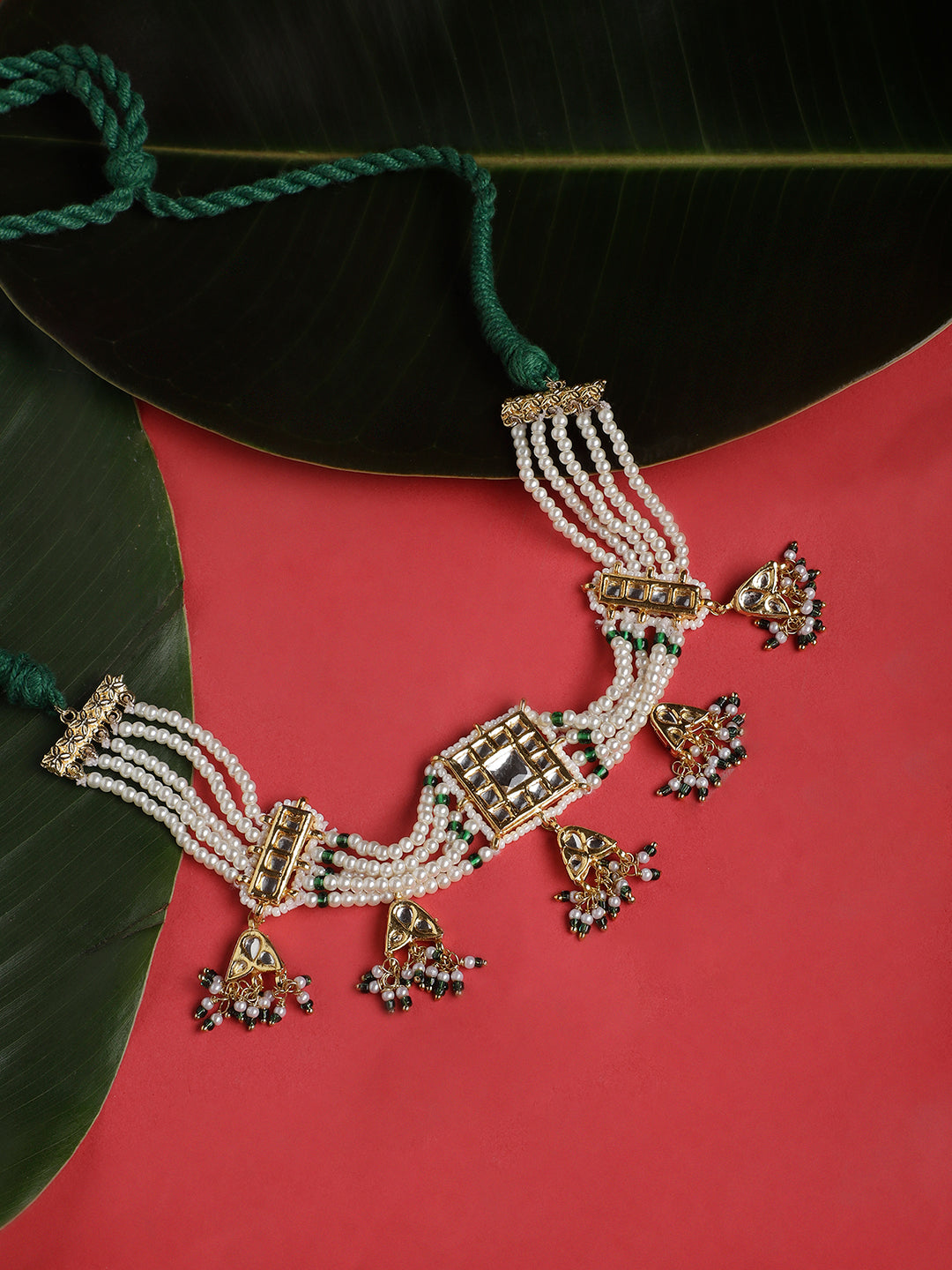 Kundan Necklace with Pearls Strings and kundan hangings