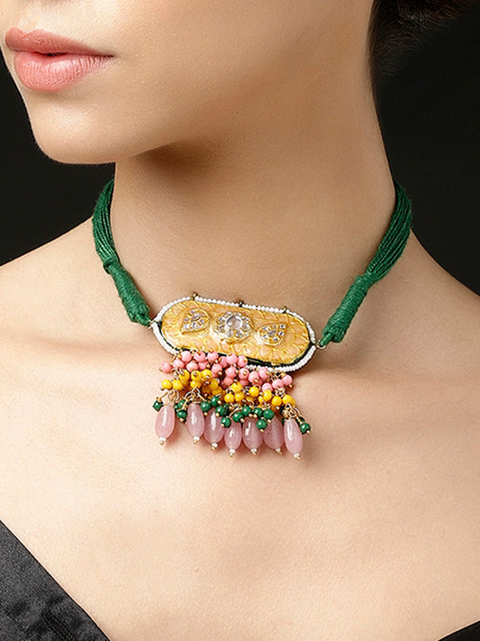 Green and Peach Meenakari Necklace with adjustable Dori from Dugristyle Ruhaniyat By Dugran