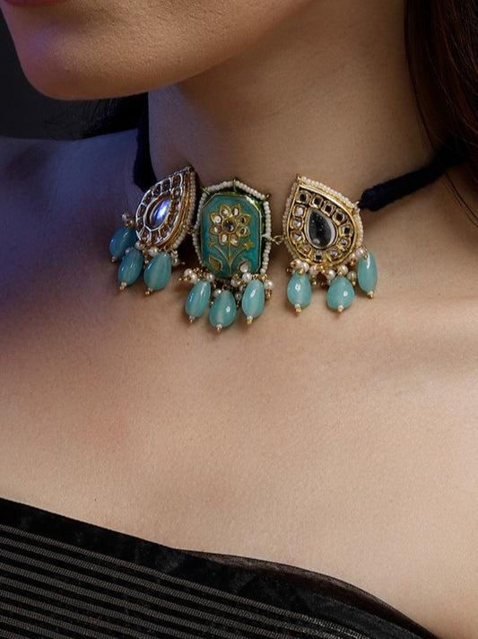 Blue and Gold Meenakari Necklace with Adjustable Dori and Drop Shaped Kundan  from Dugristyle Ruhaniyat By Dugran