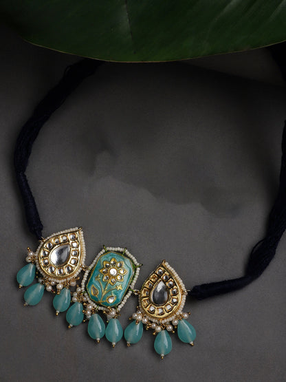 Blue and Gold Meenakari Necklace with Adjustable Dori and Drop Shaped Kundan  from Dugristyle Ruhaniyat By Dugran