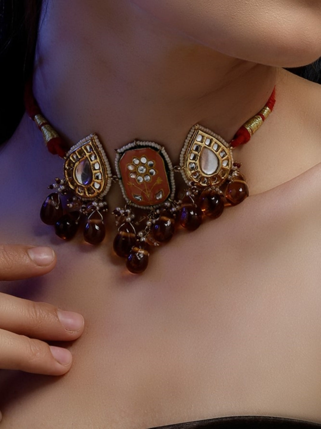 Meenakari Necklace with Adjustable Dori and Drop Shaped Kundan 