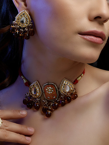Meenakari Necklace with Adjustable Dori and Drop Shaped Kundan 