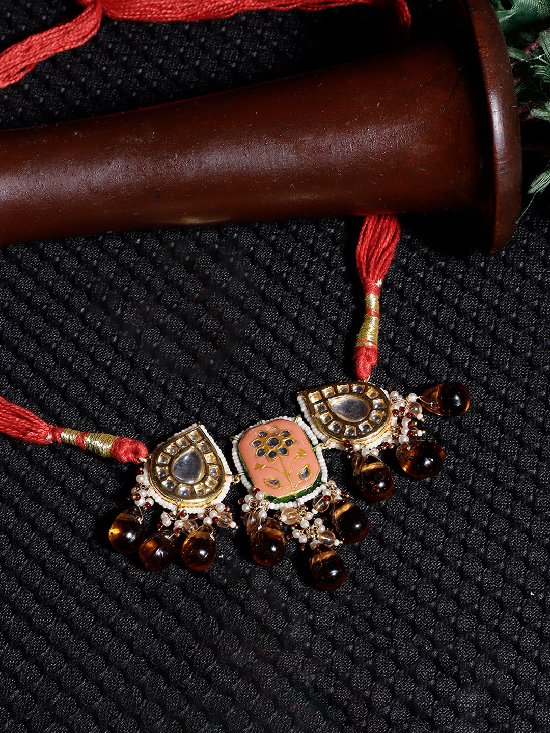 Meenakari Necklace with Adjustable Dori and Drop Shaped Kundan 