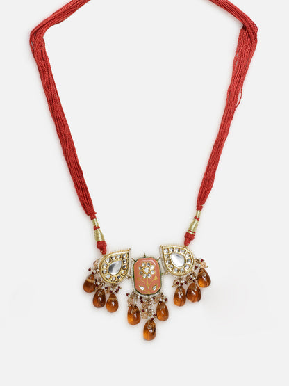 Orange and Red Meenakari Necklace with Adjustable Dori and Drop Shaped Kundan  from Dugristyle Ruhaniyat By Dugran
