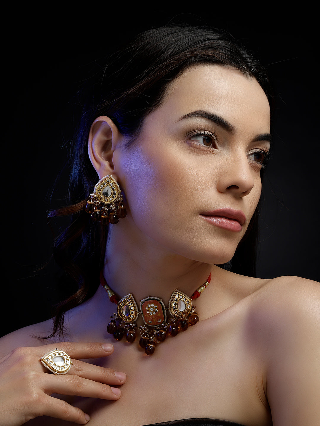 Meenakari Necklace with Adjustable Dori and Drop Shaped Kundan 