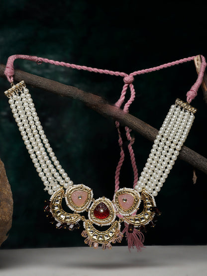 Pink and Maroon Kundan Necklace with Pearls Strings and Carved Stones from Dugristyle Ruhaniyat By Dugran