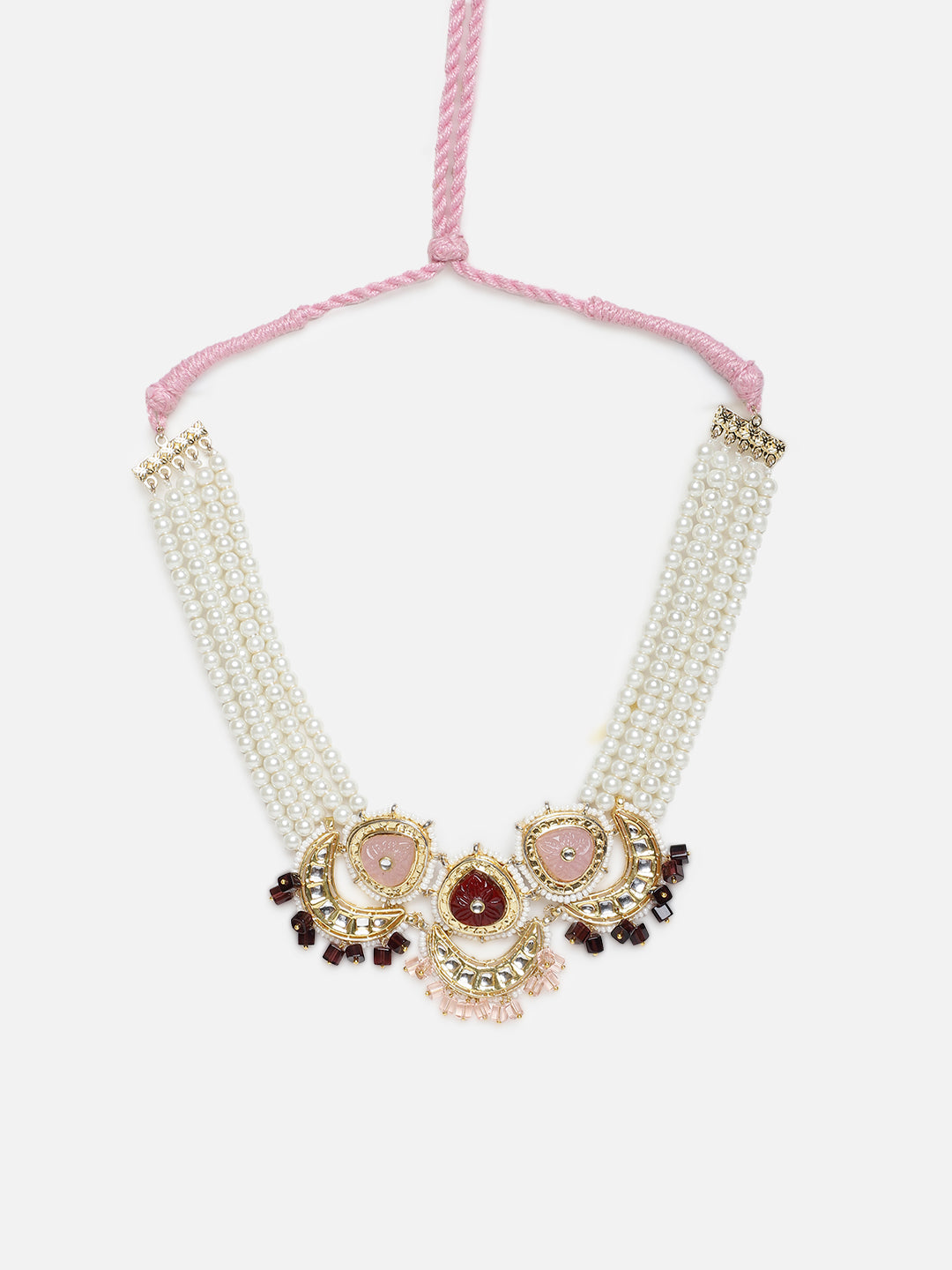 Pink and Maroon Kundan Necklace with Pearls Strings and Carved Stones from Dugristyle Ruhaniyat By Dugran