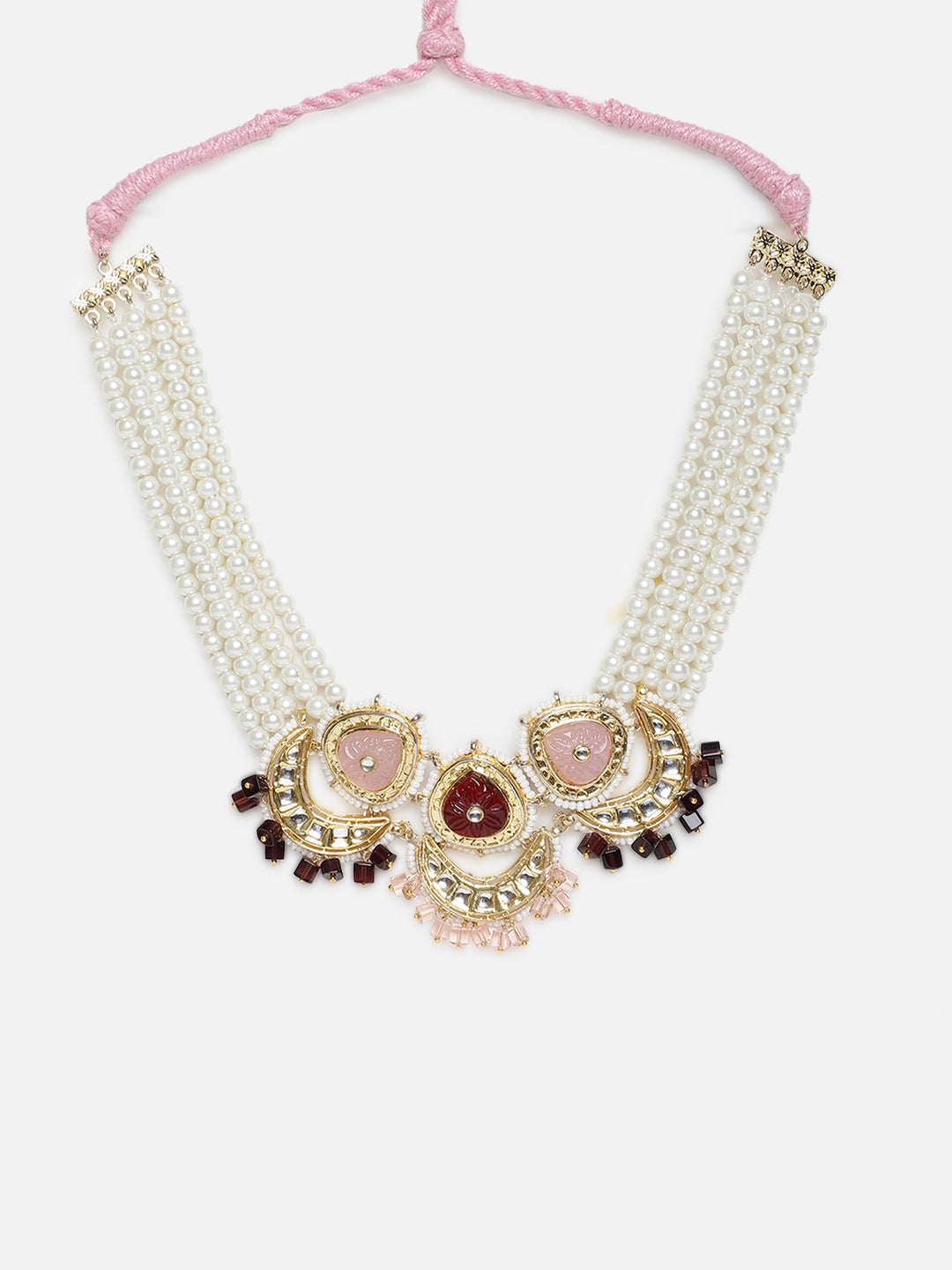 Pink and Maroon Kundan Necklace with Pearls Strings and Carved Stones from Dugristyle Ruhaniyat By Dugran