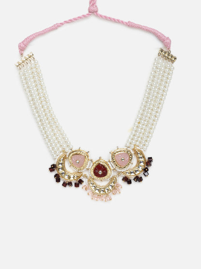 Pink and Maroon Kundan Necklace with Pearls Strings and Carved Stones from Dugristyle Ruhaniyat By Dugran