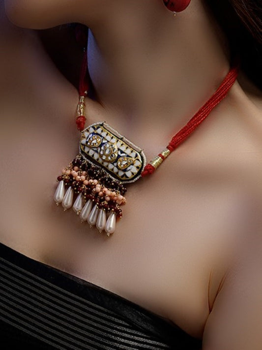 Red and Blue Meenakari Necklace with Adjustable Dori and Multi Color Pearl Hangings from Dugristyle Ruhaniyat By Dugran