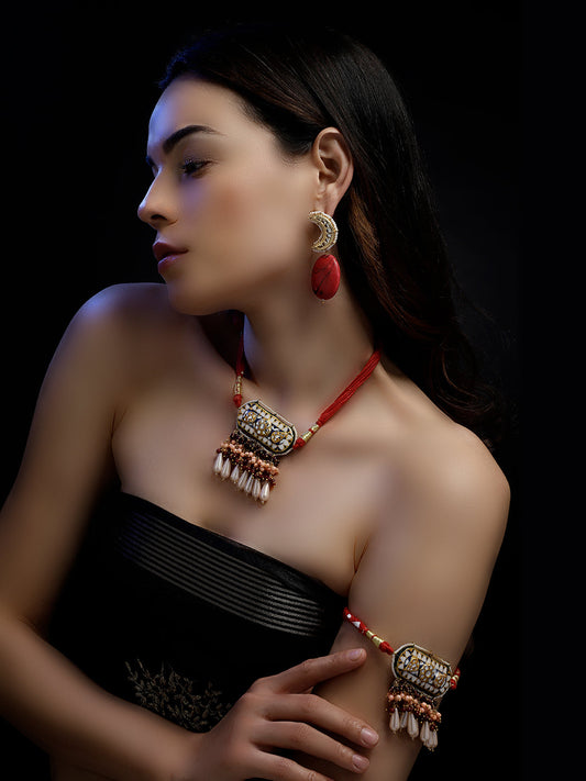 Red and Blue Meenakari Necklace with Adjustable Dori and Multi Color Pearl Hangings from Dugristyle Ruhaniyat By Dugran