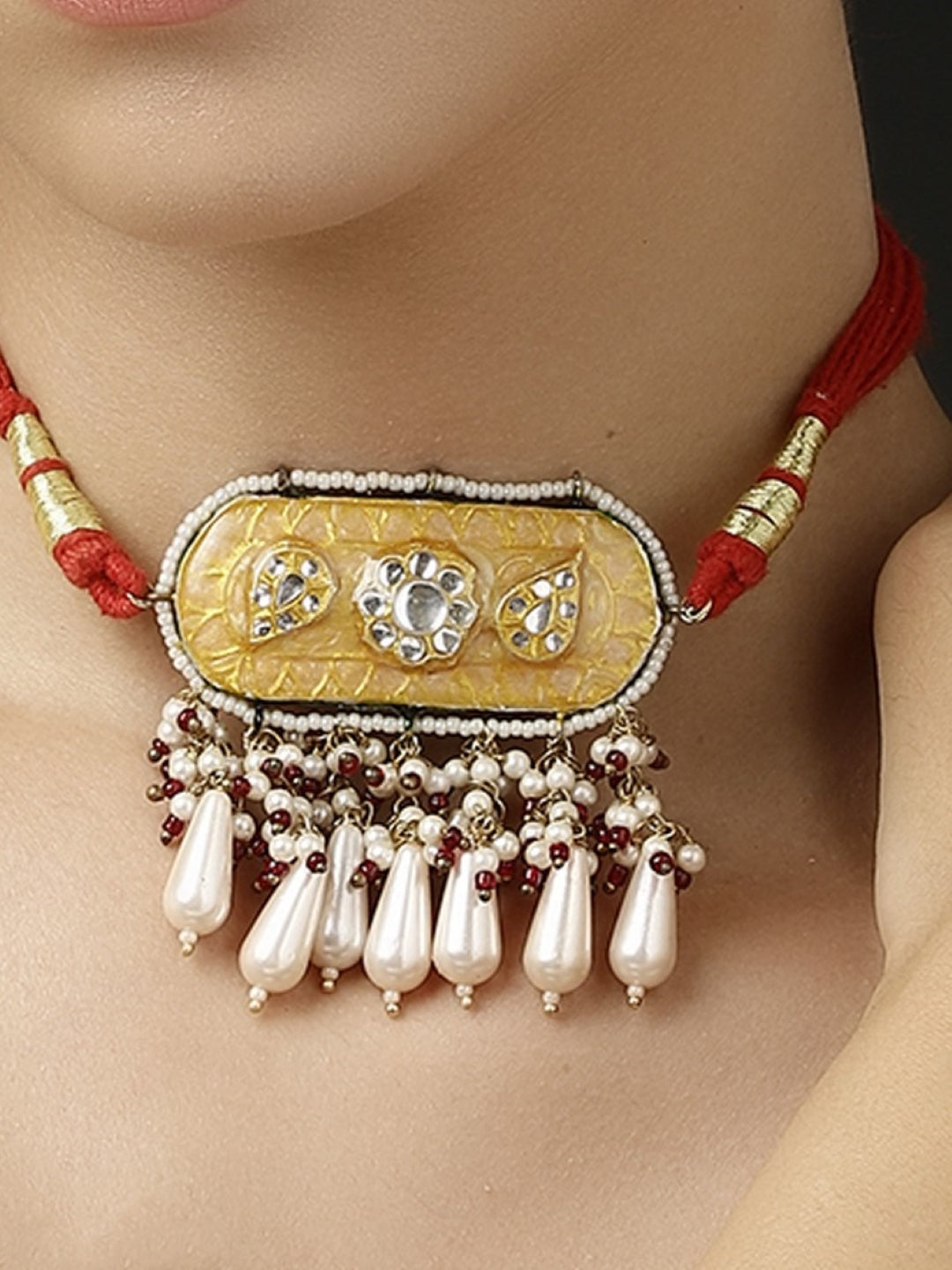 Meenakari Necklace with Adjustable Dori and Multi Color Pearl Hangings